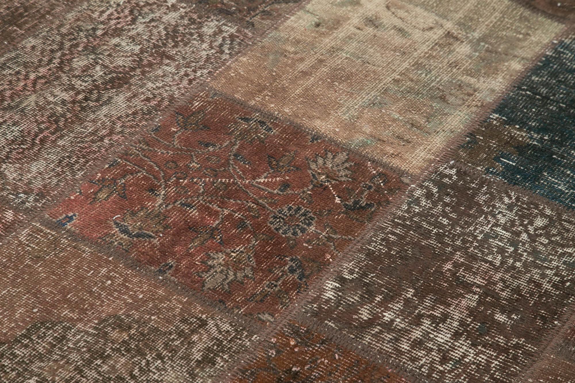 Kırk Yama Kahverengi Patchwork Pamuk Yün El Dokuma Halısı 202x298 Agacan