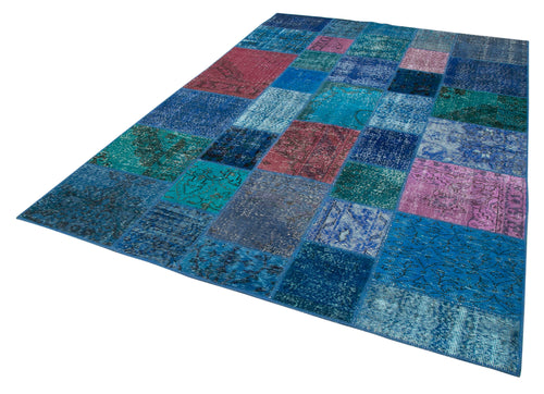 Kırk Yama Mavi Patchwork Pamuk Yün El Dokuma Halısı 203x300 Agacan
