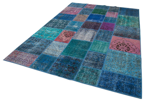 Kırk Yama Mavi Patchwork Pamuk Yün El Dokuma Halısı 204x300 Agacan