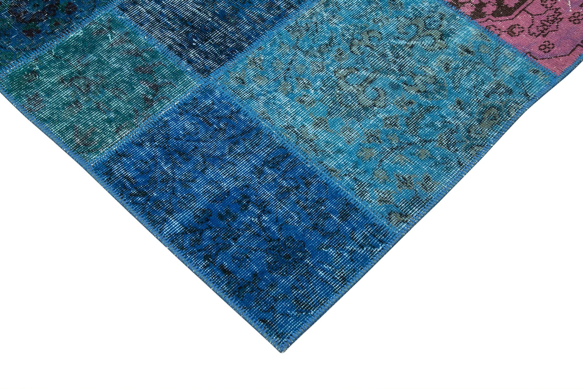 Kırk Yama Mavi Patchwork Pamuk Yün El Dokuma Halısı 204x300 Agacan