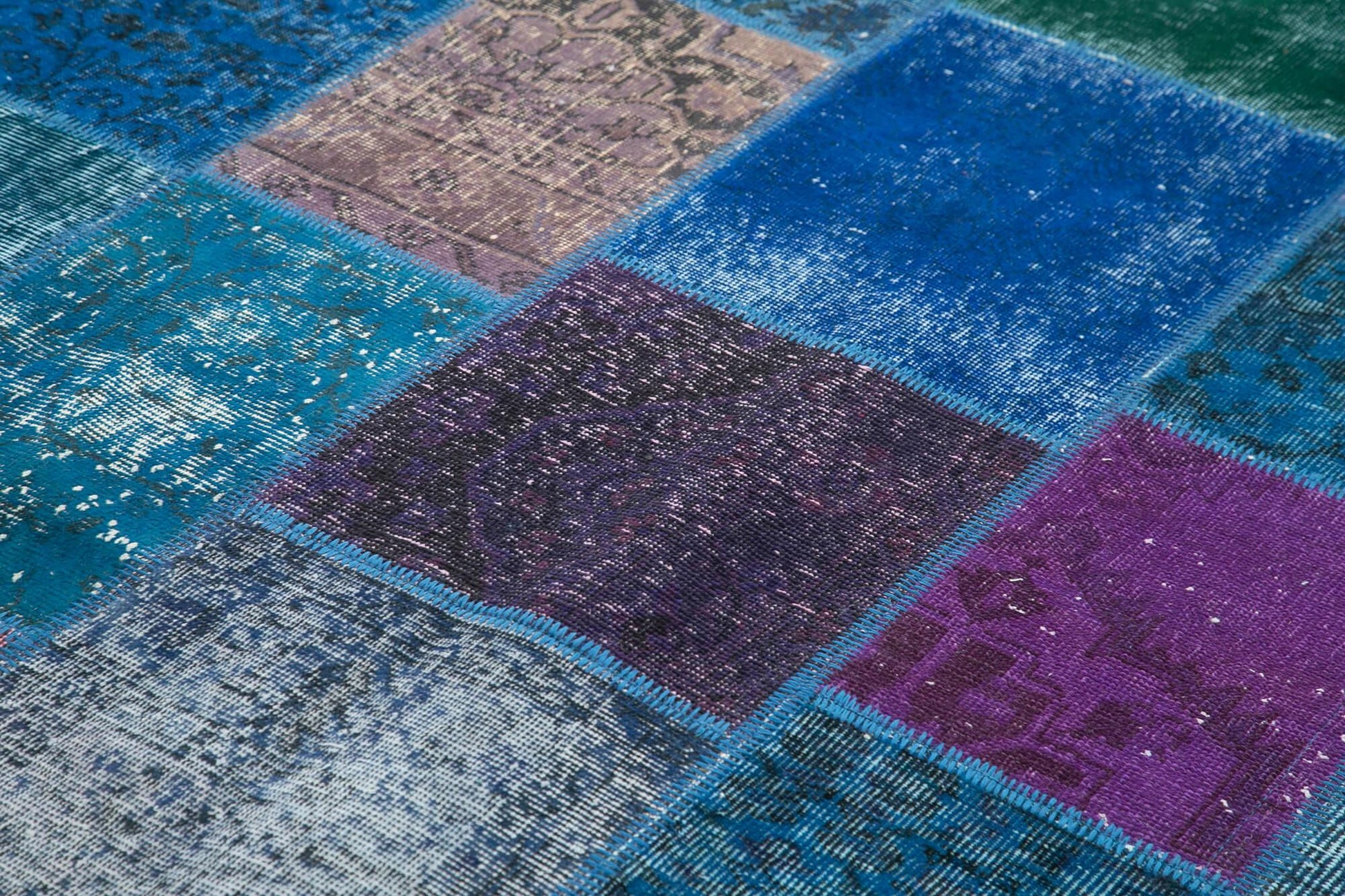 Kırk Yama Mavi Patchwork Pamuk Yün El Dokuma Halısı 204x300 Agacan