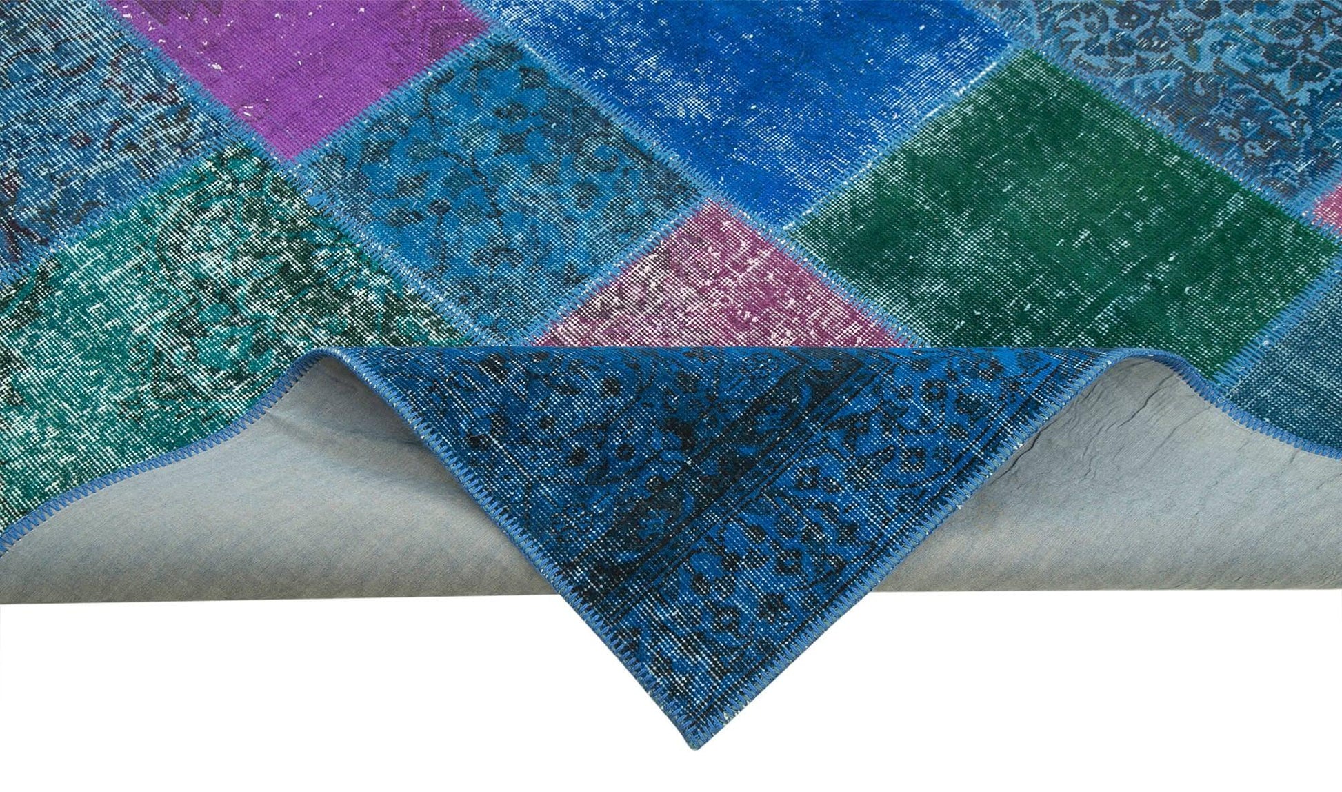 Kırk Yama Mavi Patchwork Pamuk Yün El Dokuma Halısı 204x300 Agacan