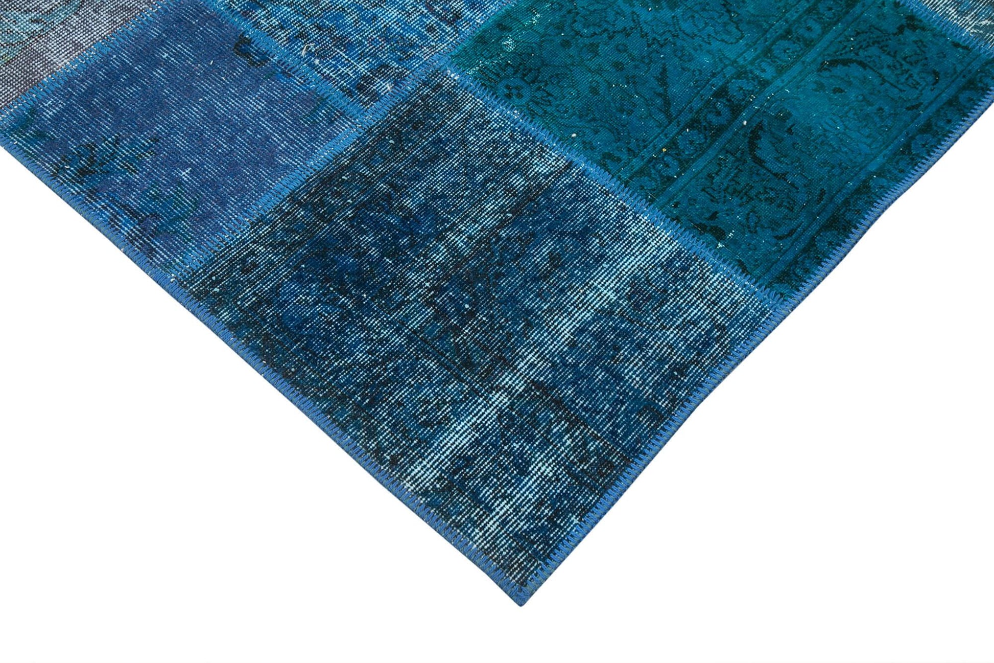 Kırk Yama Mavi Patchwork Pamuk Yün El Dokuma Halısı 202x300 Agacan
