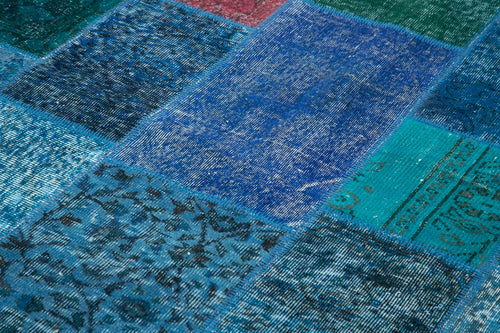 Kırk Yama Mavi Patchwork Pamuk Yün El Dokuma Halısı 202x300 Agacan