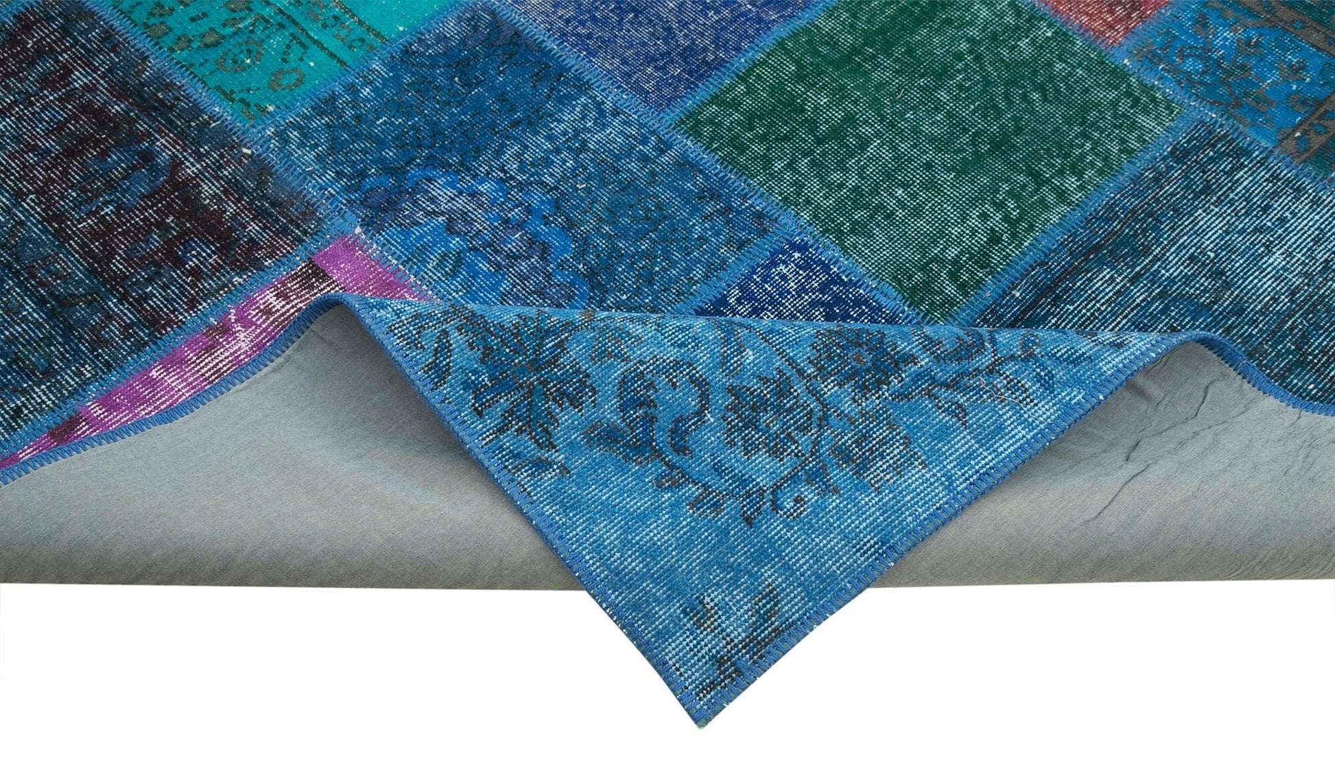 Kırk Yama Mavi Patchwork Pamuk Yün El Dokuma Halısı 202x300 Agacan