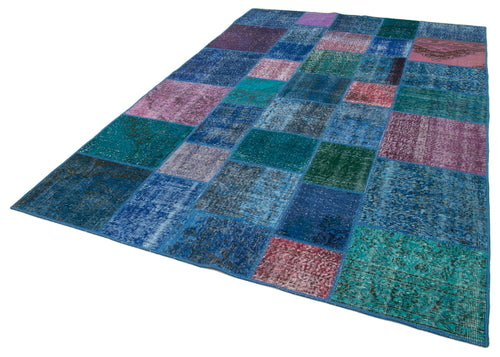 Kırk Yama Mavi Patchwork Pamuk Yün El Dokuma Halısı 203x300 Agacan