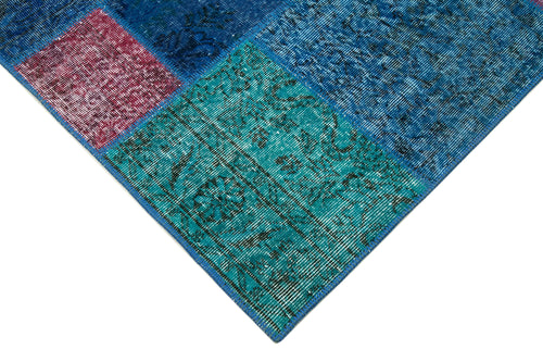 Kırk Yama Mavi Patchwork Pamuk Yün El Dokuma Halısı 203x300 Agacan