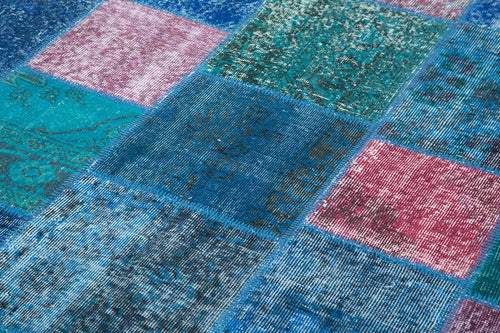 Kırk Yama Mavi Patchwork Pamuk Yün El Dokuma Halısı 203x300 Agacan