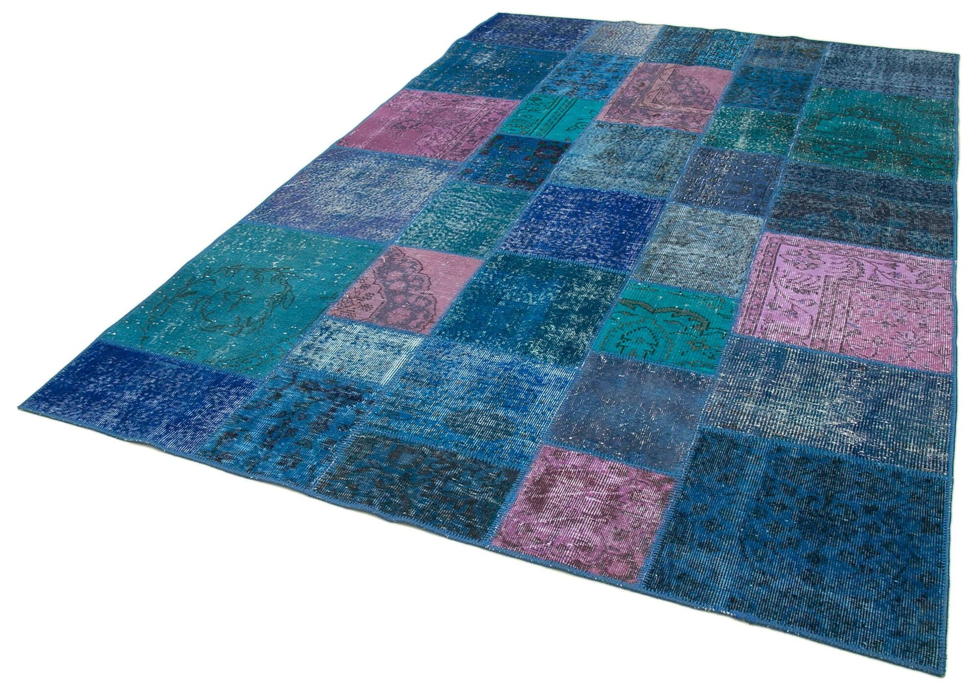 Kırk Yama Mavi Patchwork Pamuk Yün El Dokuma Halısı 203x300 Agacan