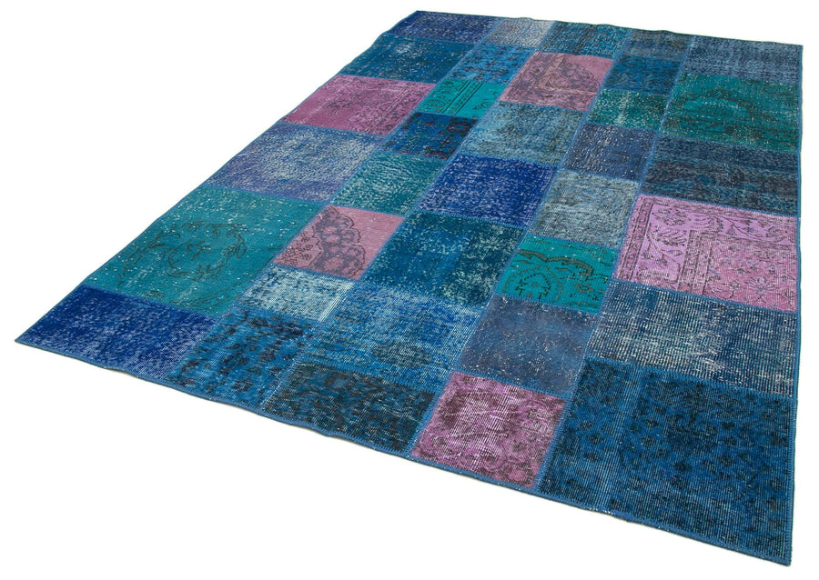 Kırk Yama Mavi Patchwork Pamuk Yün El Dokuma Halısı 203x300 Agacan