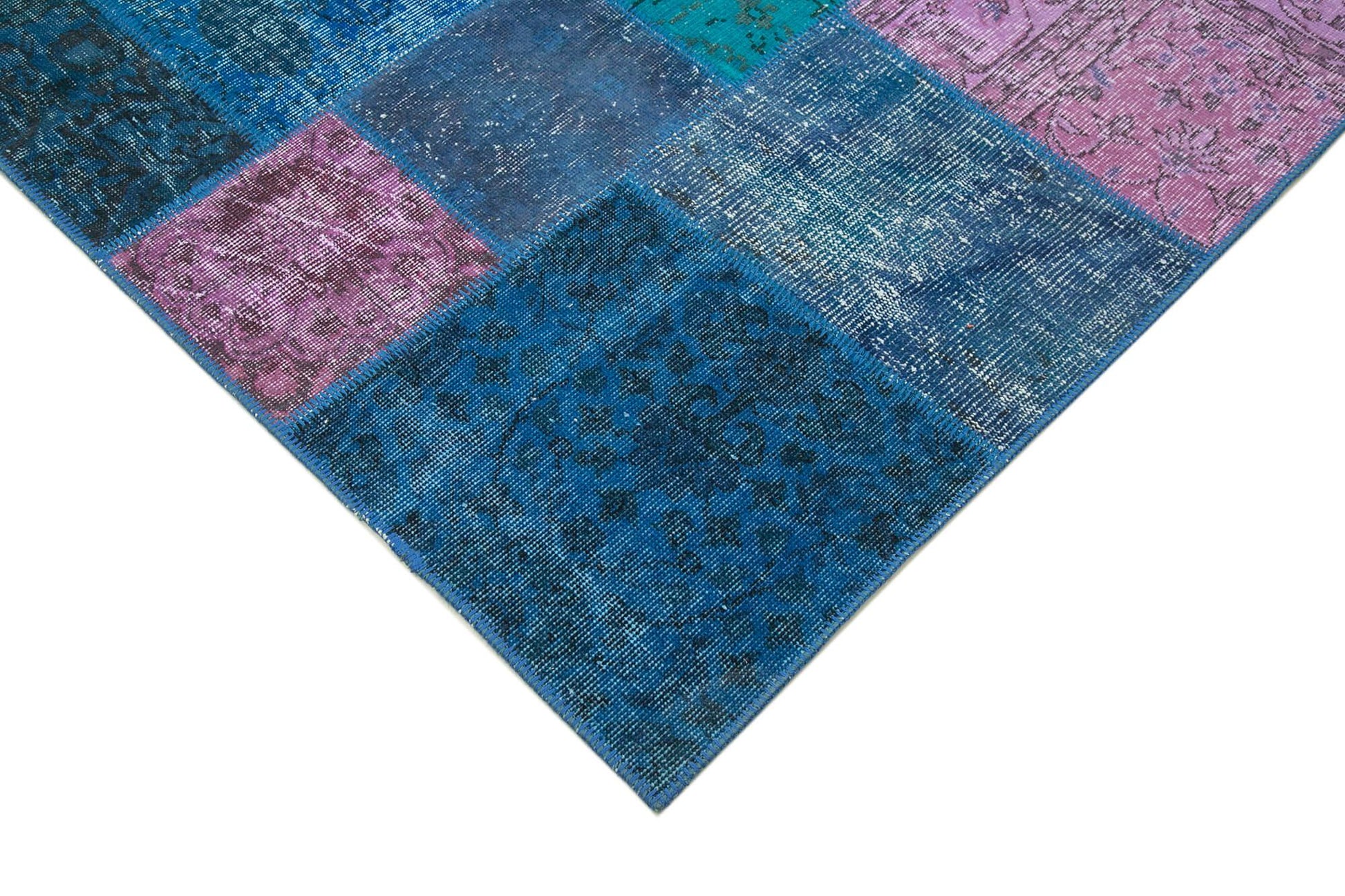 Kırk Yama Mavi Patchwork Pamuk Yün El Dokuma Halısı 203x300 Agacan