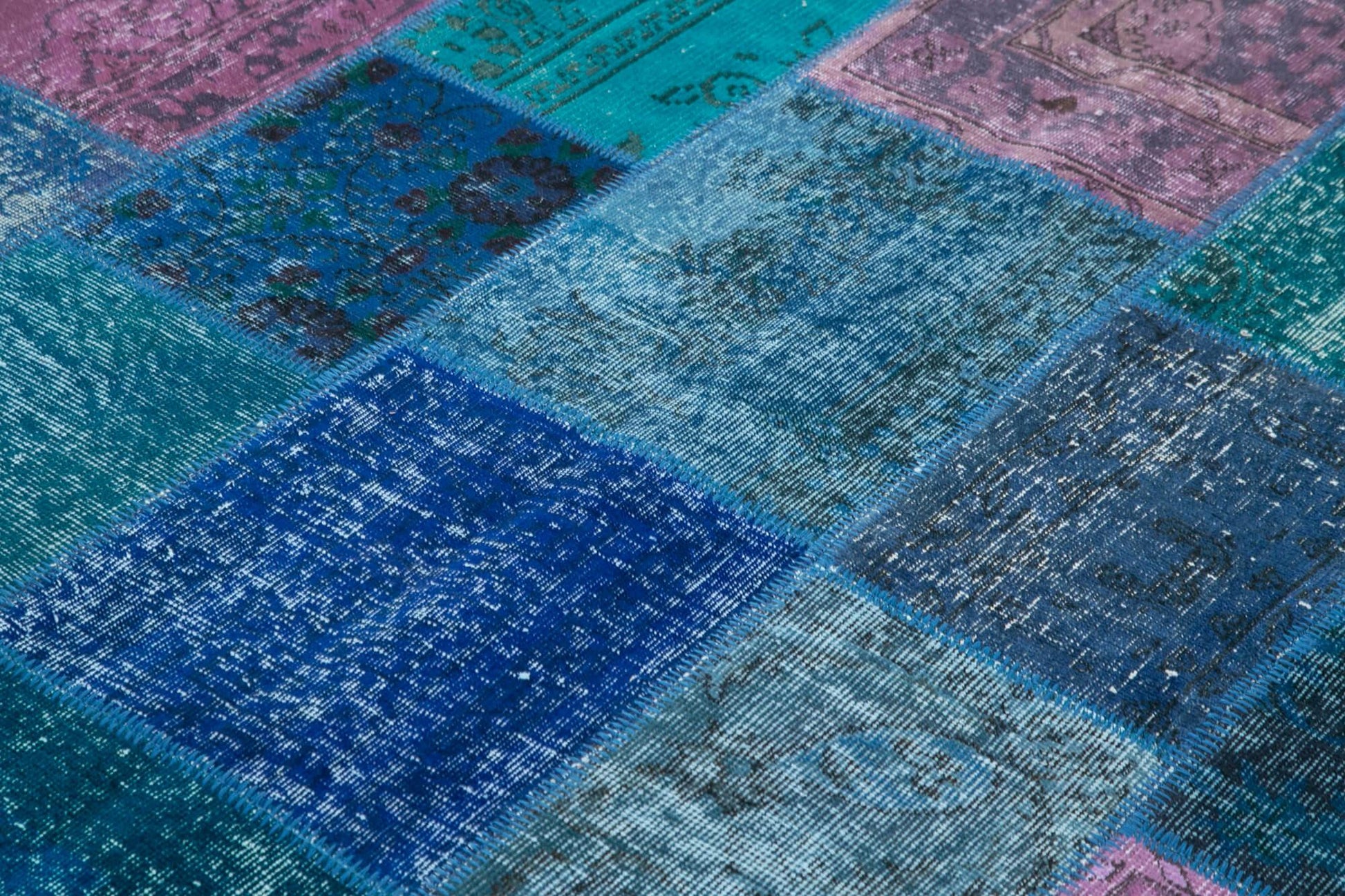 Kırk Yama Mavi Patchwork Pamuk Yün El Dokuma Halısı 203x300 Agacan