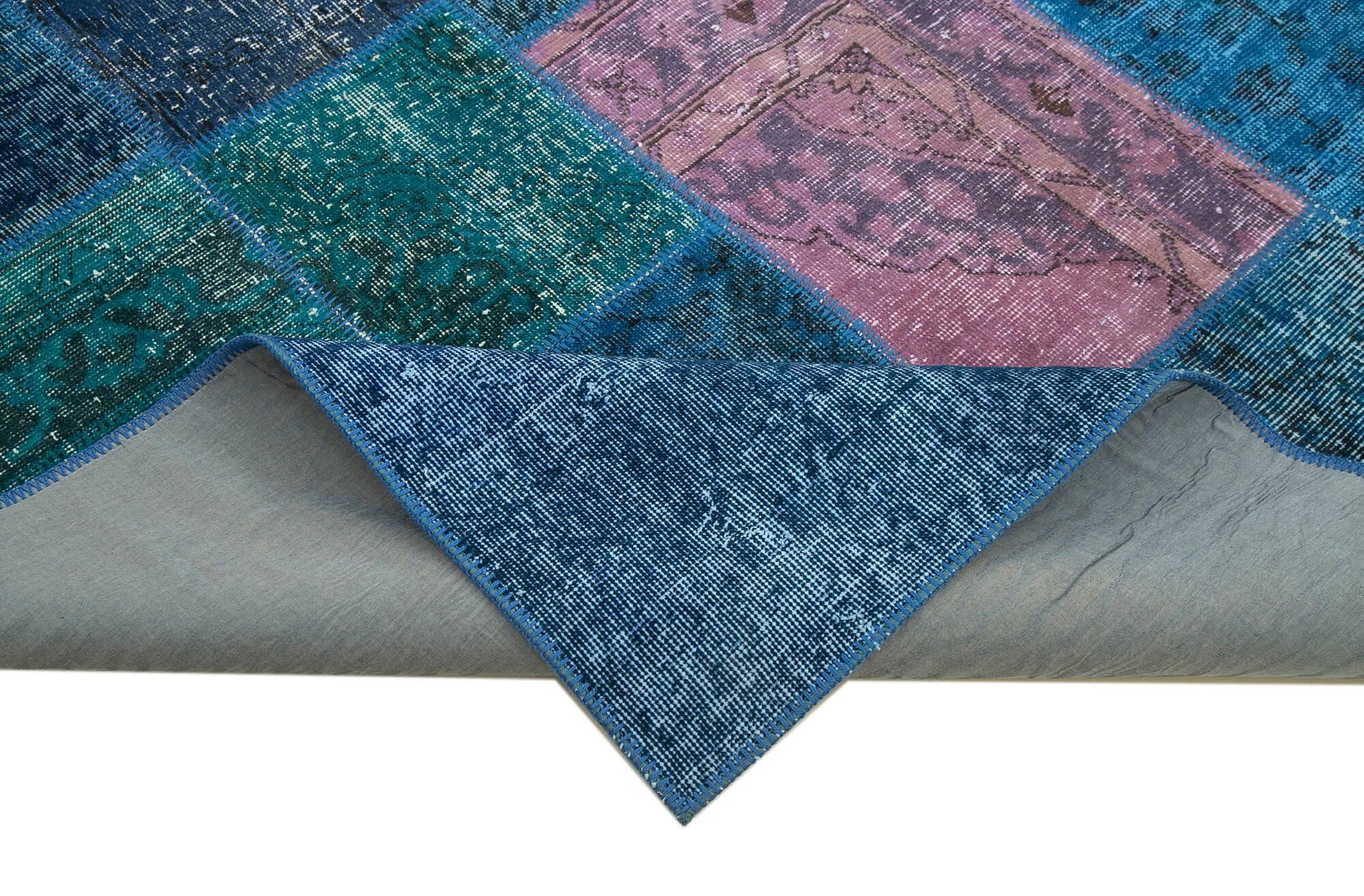 Kırk Yama Mavi Patchwork Pamuk Yün El Dokuma Halısı 203x300 Agacan