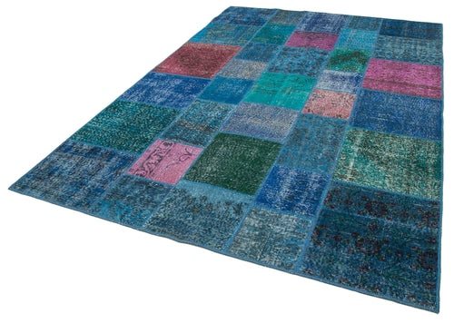 Kırk Yama Mavi Patchwork Pamuk Yün El Dokuma Halısı 205x300 Agacan