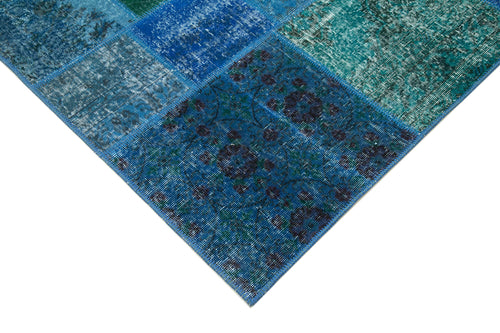 Kırk Yama Mavi Patchwork Pamuk Yün El Dokuma Halısı 205x300 Agacan