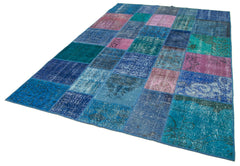 Kırk Yama Mavi Patchwork Pamuk Yün El Dokuma Halısı 202x300 Agacan