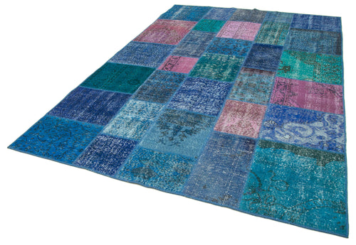 Kırk Yama Mavi Patchwork Pamuk Yün El Dokuma Halısı 202x300 Agacan