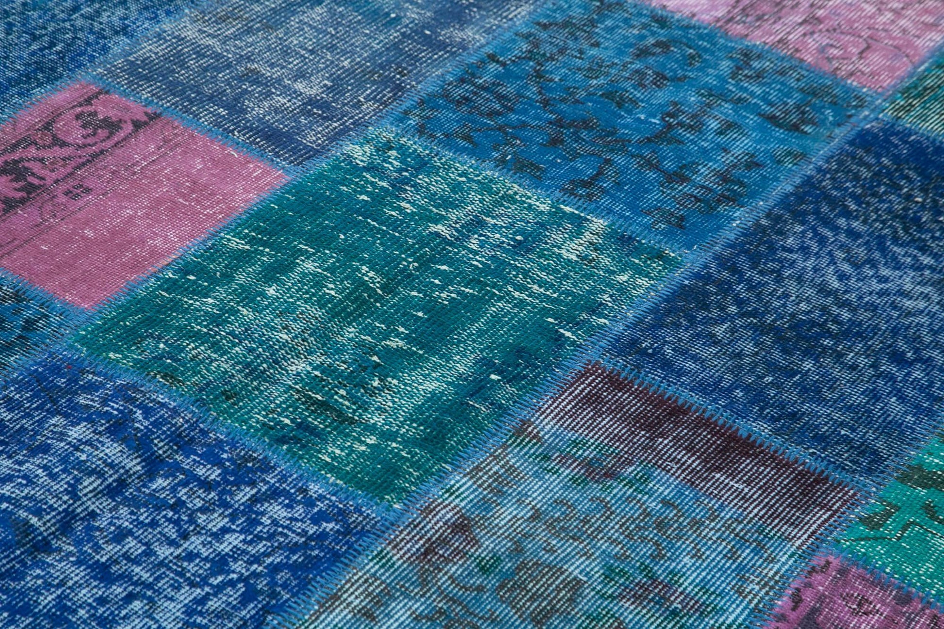 Kırk Yama Mavi Patchwork Pamuk Yün El Dokuma Halısı 202x300 Agacan