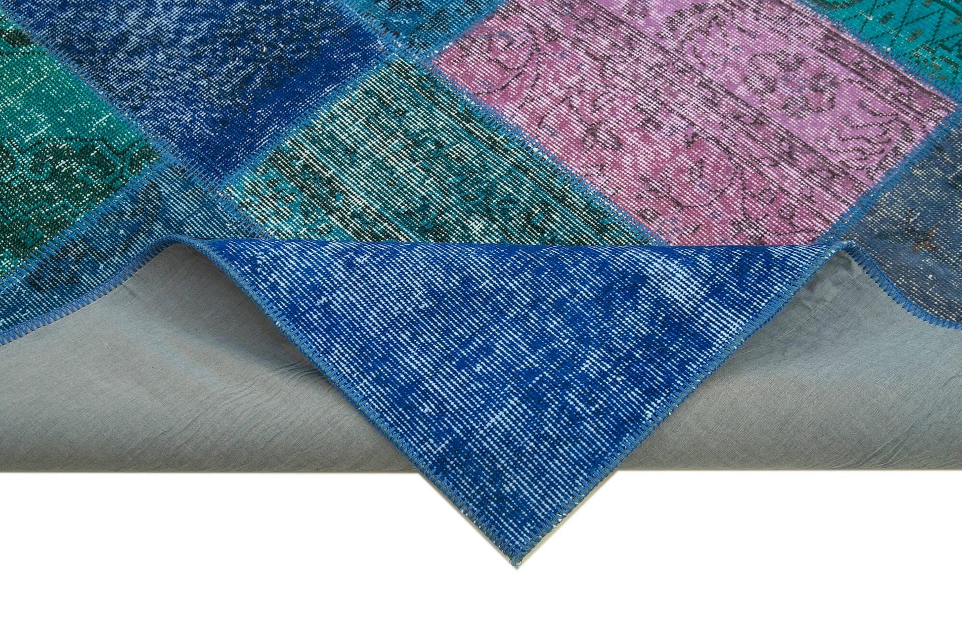 Kırk Yama Mavi Patchwork Pamuk Yün El Dokuma Halısı 202x300 Agacan