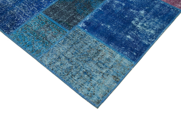 Kırk Yama Mavi Patchwork Pamuk Yün El Dokuma Halısı 203x300 Agacan