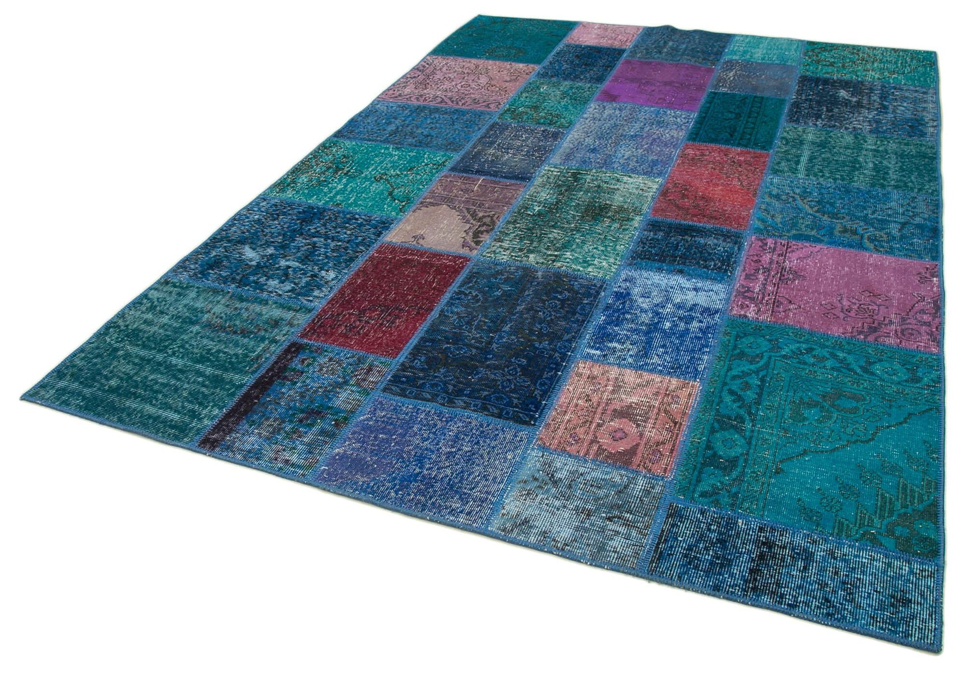 Kırk Yama Mavi Patchwork Pamuk Yün El Dokuma Halısı 200x295 Agacan