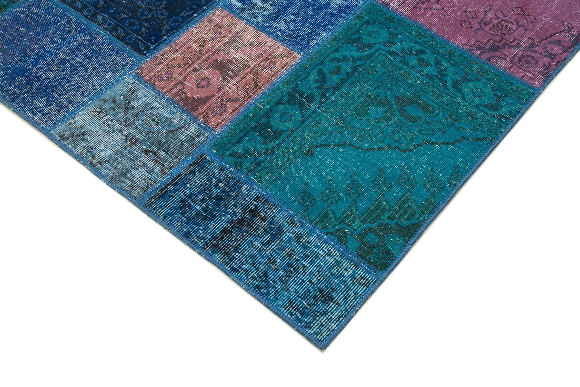 Kırk Yama Mavi Patchwork Pamuk Yün El Dokuma Halısı 200x295 Agacan