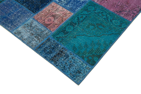 Kırk Yama Mavi Patchwork Pamuk Yün El Dokuma Halısı 200x295 Agacan
