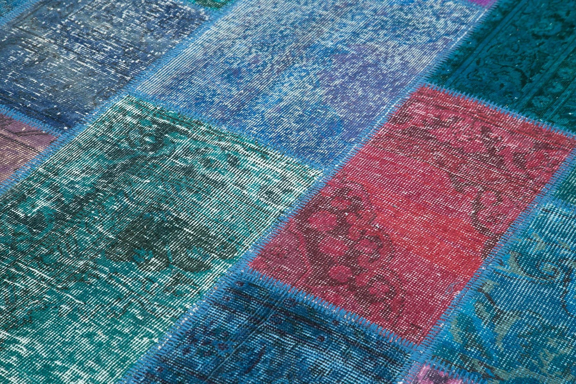 Kırk Yama Mavi Patchwork Pamuk Yün El Dokuma Halısı 200x295 Agacan