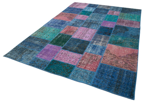 Kırk Yama Mavi Patchwork Pamuk Yün El Dokuma Halısı 202x300 Agacan