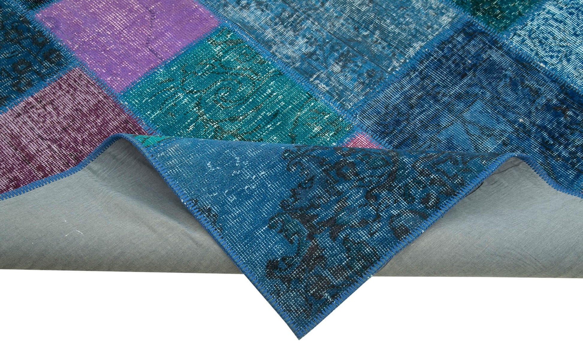 Kırk Yama Mavi Patchwork Pamuk Yün El Dokuma Halısı 202x300 Agacan