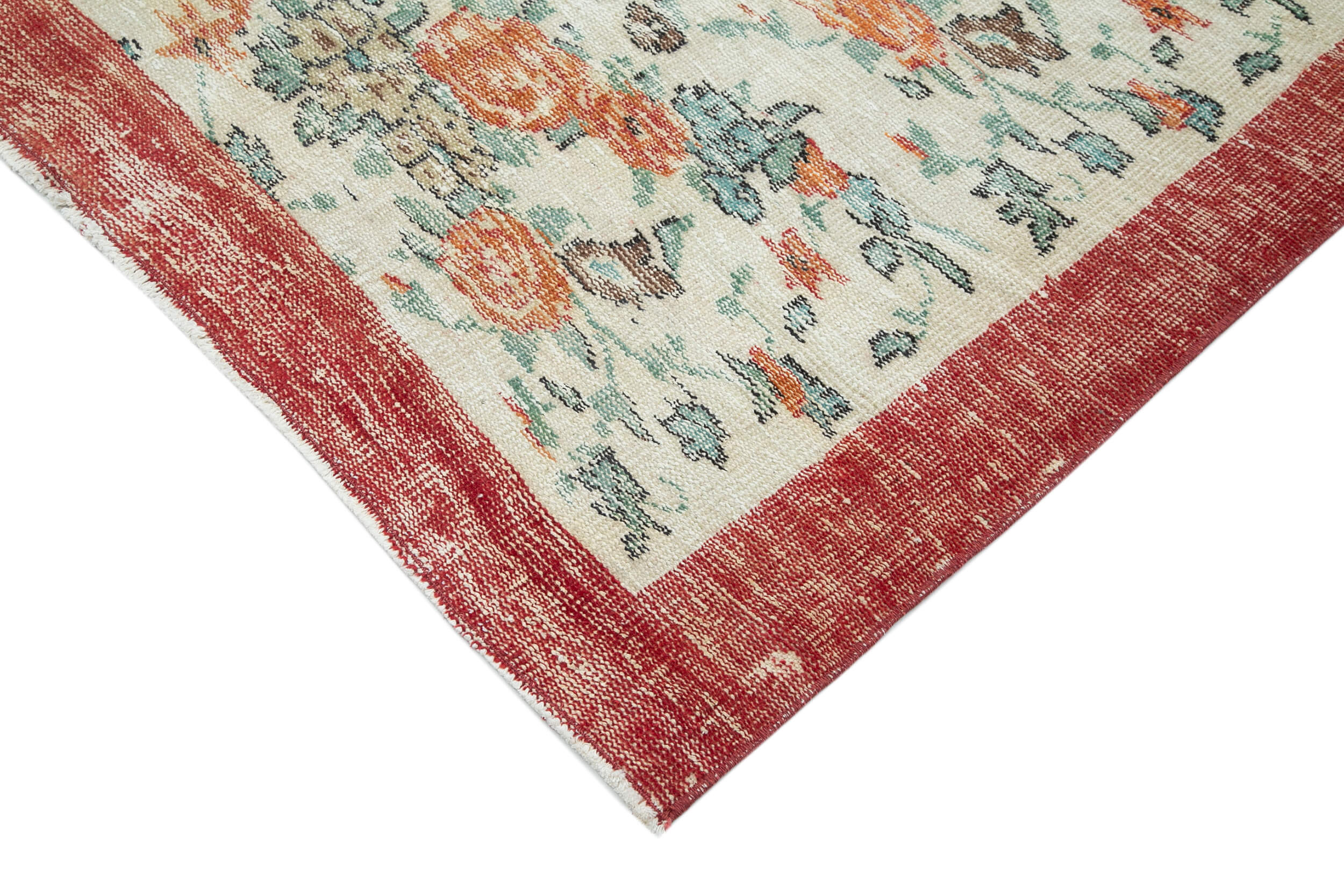 Vintage Bej Eskitme Pamuk Yün El Dokuma Halısı 188x295 Agacan