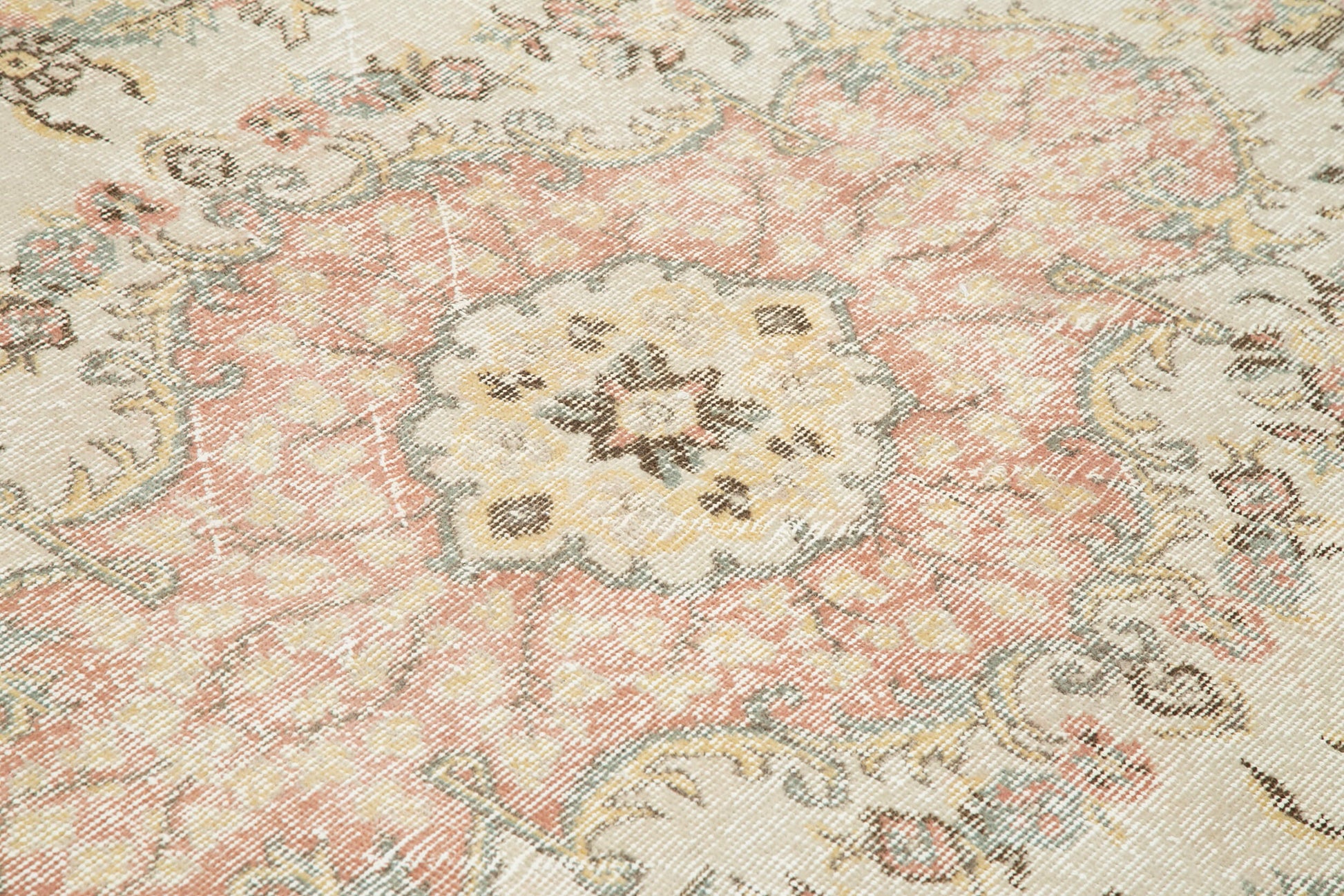 Vintage Bej Eskitme Pamuk Yün El Dokuma Halısı 193x302 Agacan