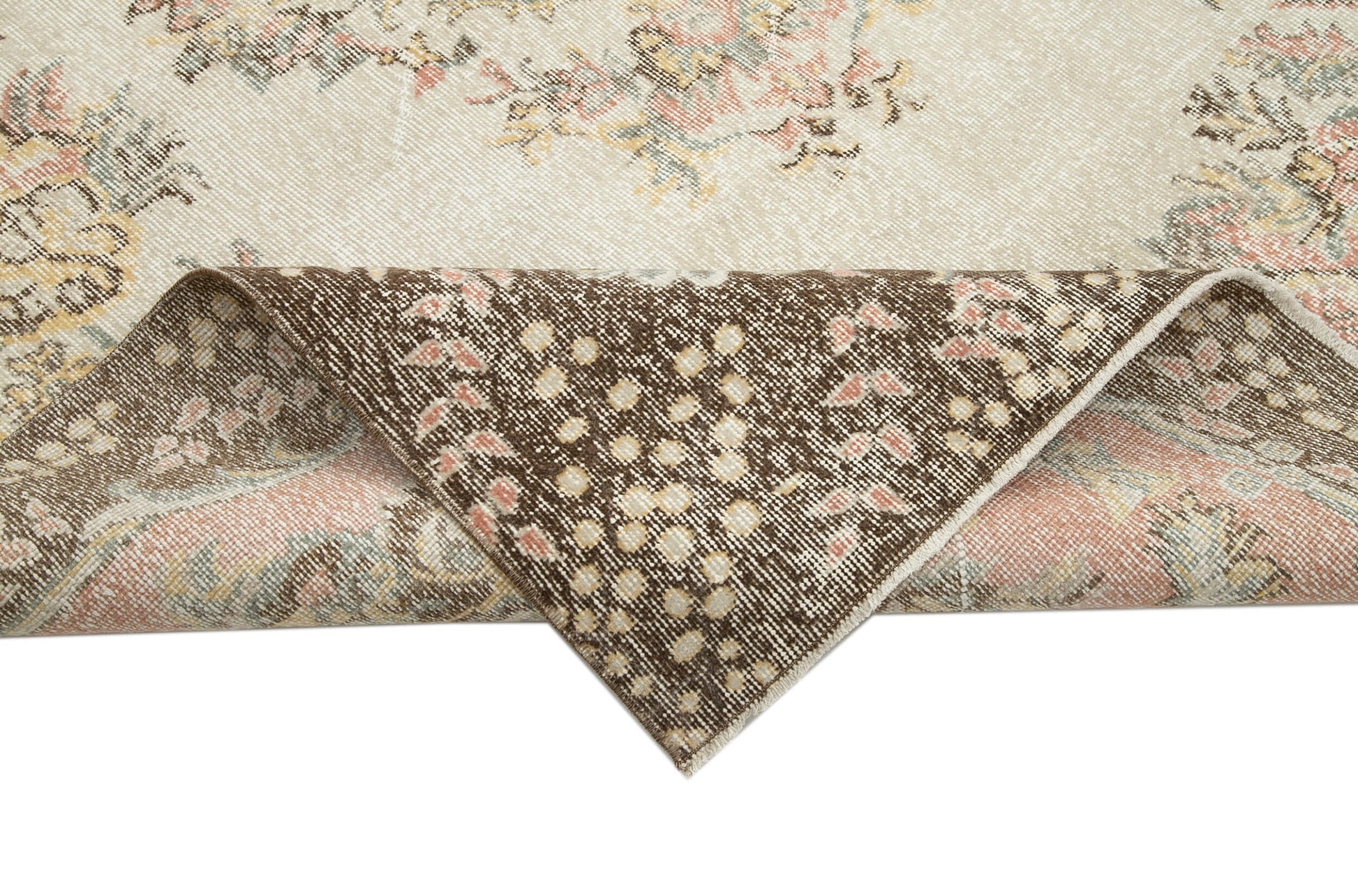 Vintage Bej Eskitme Pamuk Yün El Dokuma Halısı 193x302 Agacan