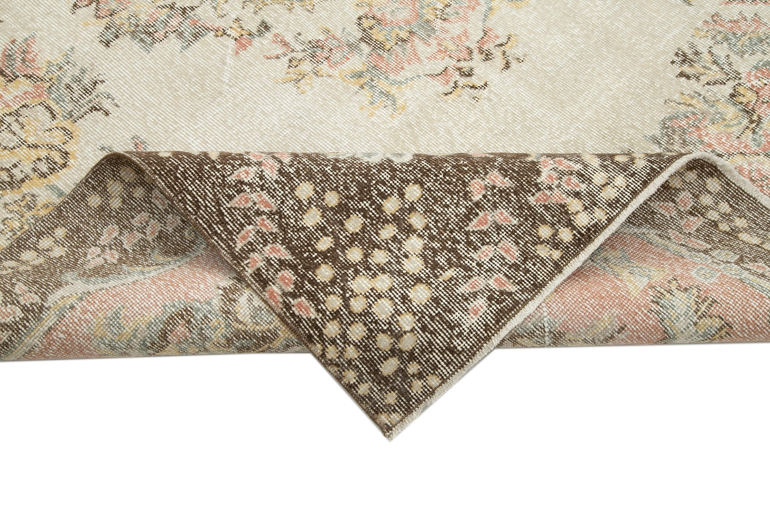 Vintage Bej Eskitme Pamuk Yün El Dokuma Halısı 193x302 Agacan