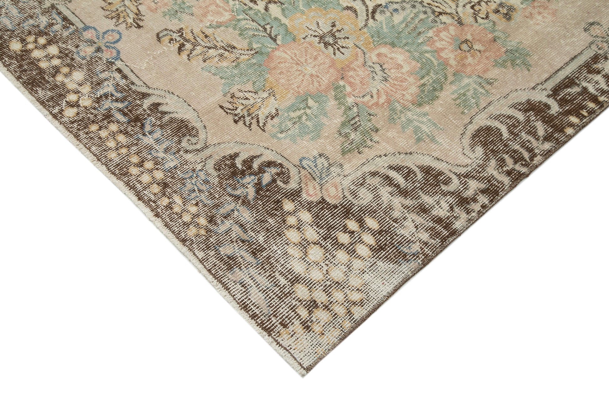 Vintage Bej Eskitme Pamuk Yün El Dokuma Halısı 213x294 Agacan