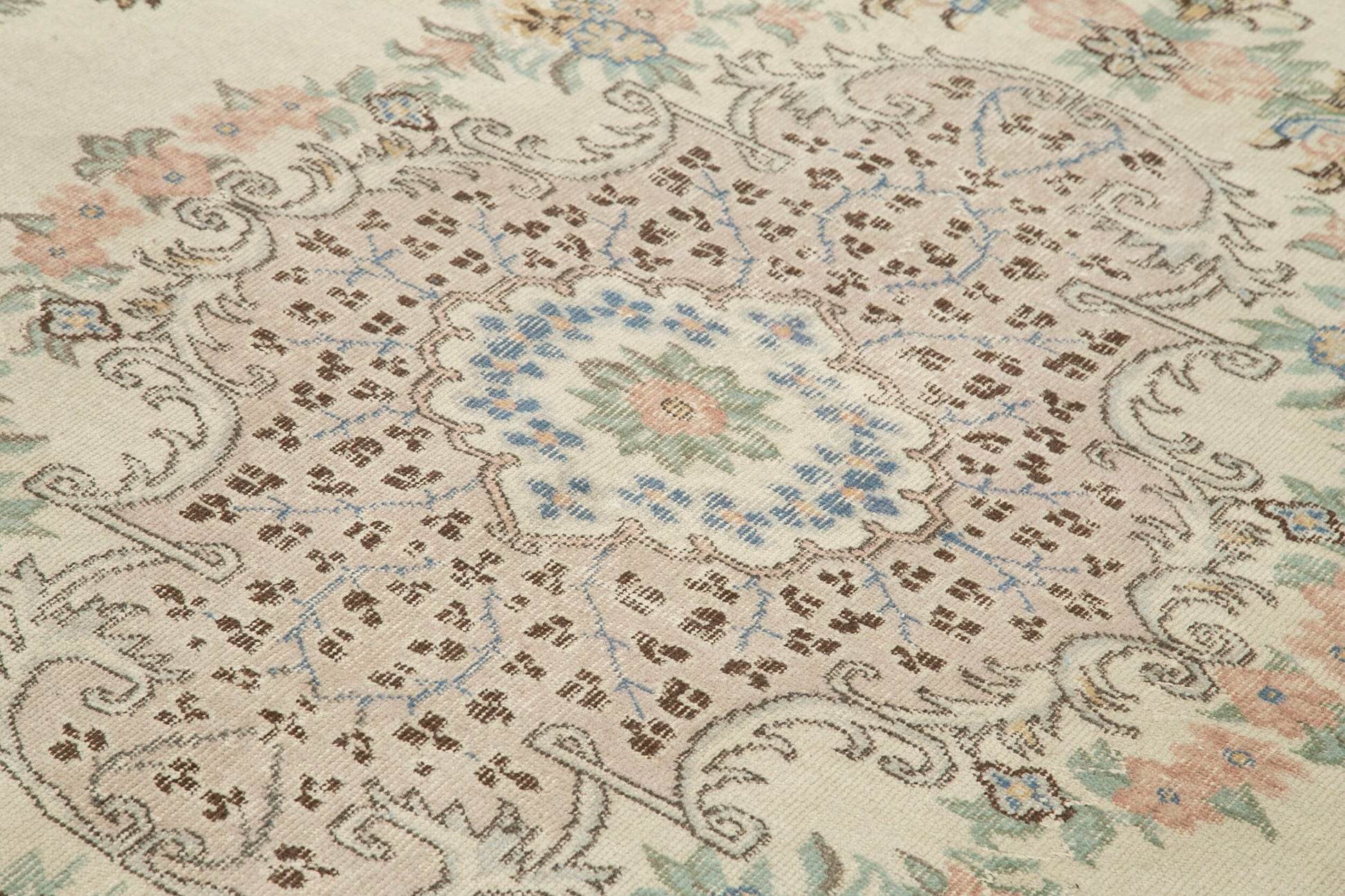 Vintage Bej Eskitme Pamuk Yün El Dokuma Halısı 213x294 Agacan