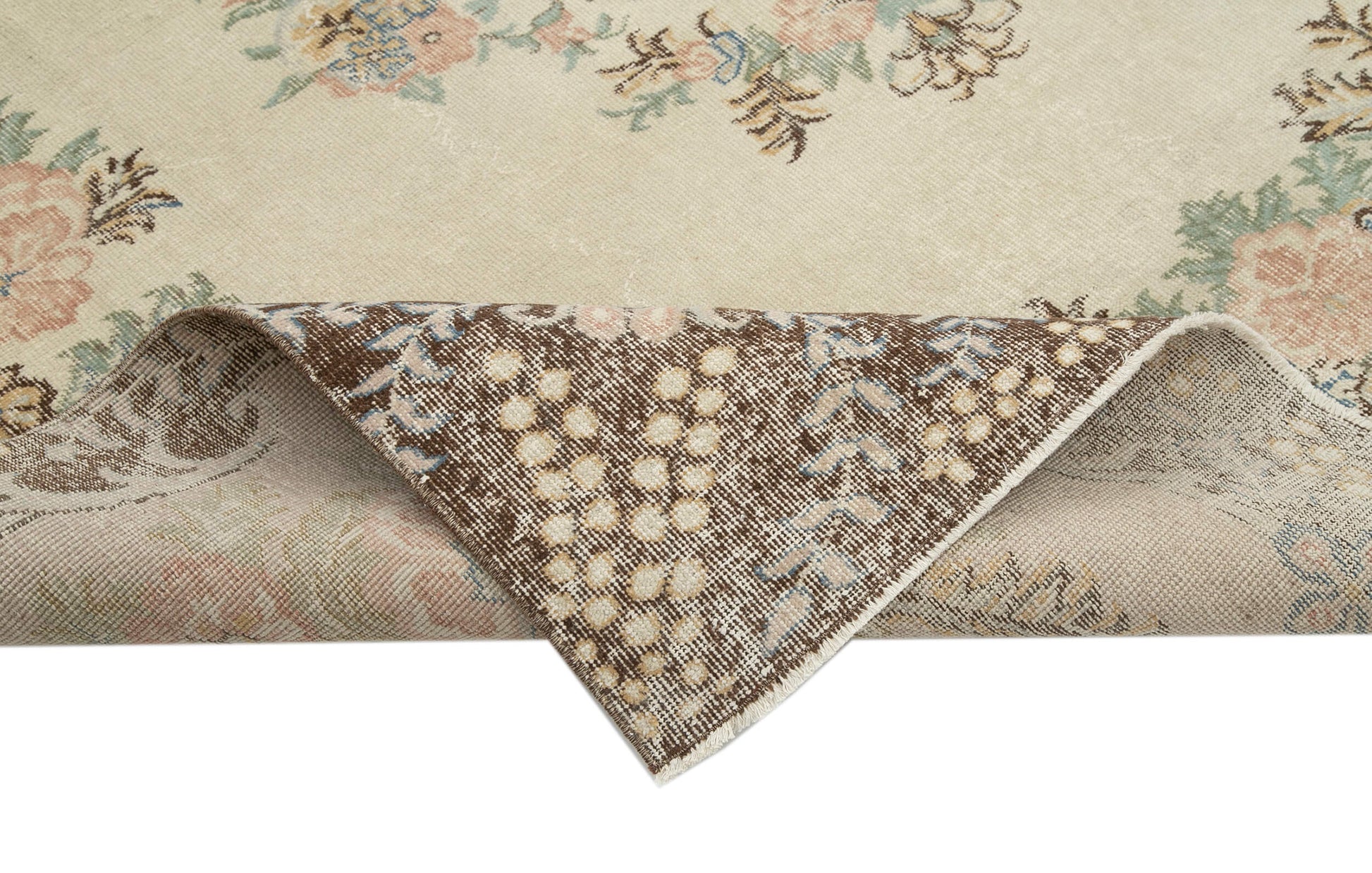 Vintage Bej Eskitme Pamuk Yün El Dokuma Halısı 213x294 Agacan