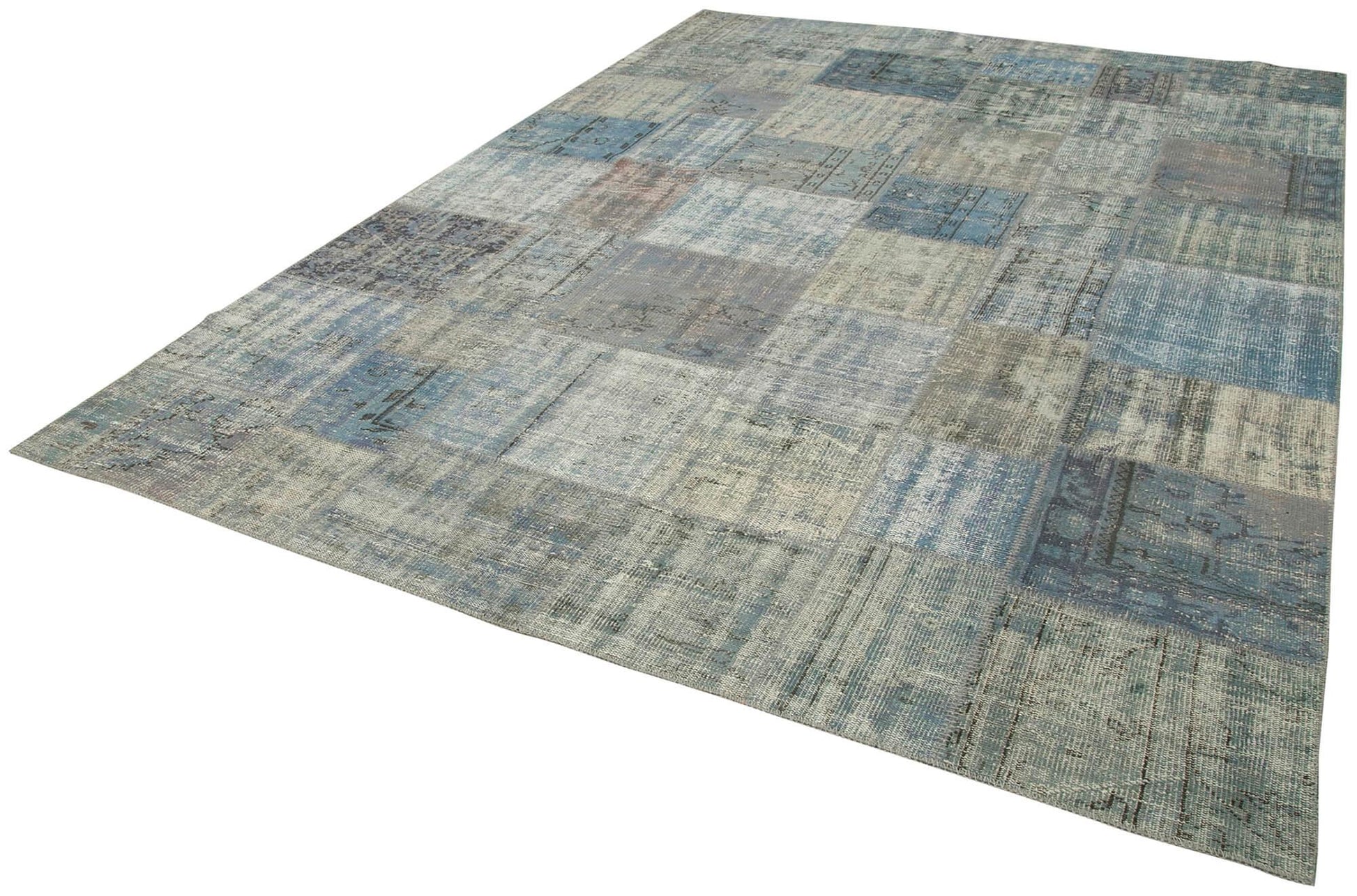 Kırk Yama Mavi Patchwork Pamuk Yün El Dokuma Halısı 250x350 Agacan