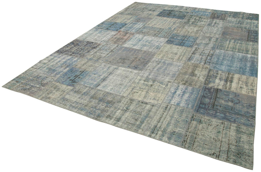 Kırk Yama Mavi Patchwork Pamuk Yün El Dokuma Halısı 250x350 Agacan