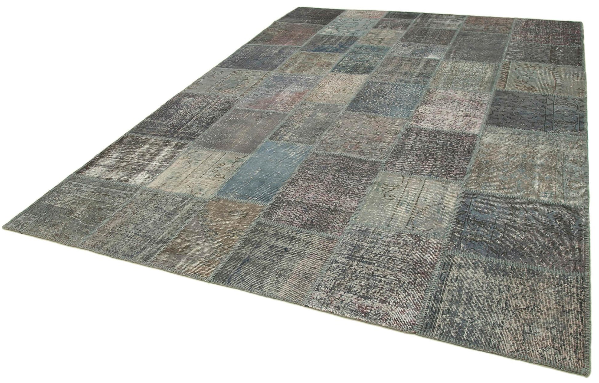 Kırk Yama Mavi Patchwork Pamuk Yün El Dokuma Halısı 253x352 Agacan