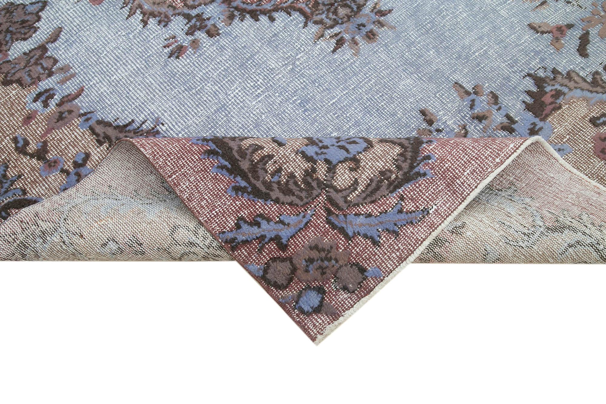 Oyma Vintage Mavi Eskitme Pamuk Yün El Dokuma Halısı 187x285 Agacan