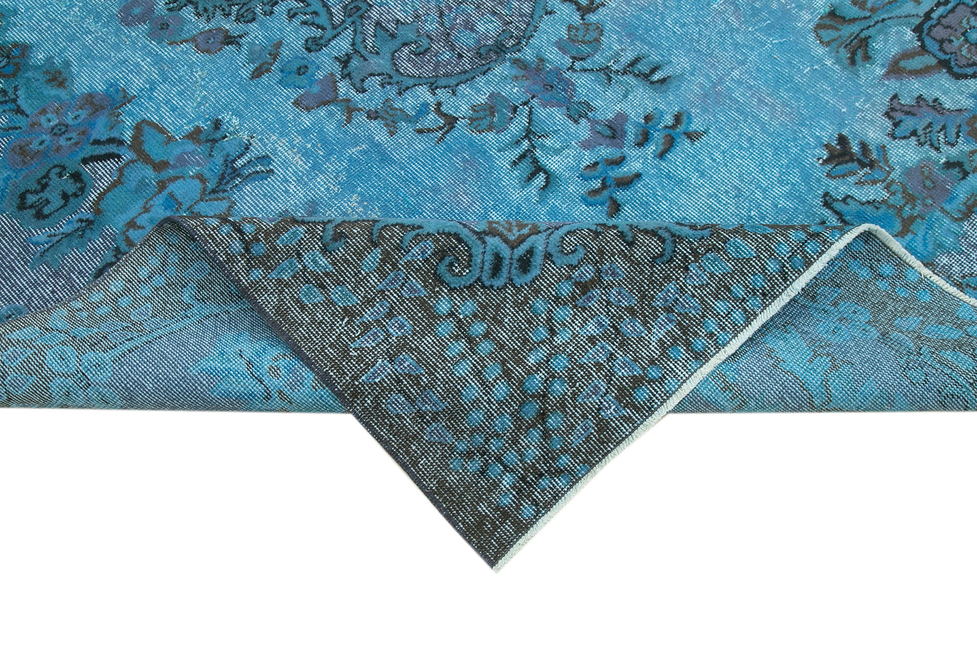 Oyma Vintage Mavi Eskitme Pamuk Yün El Dokuma Halısı 190x298 Agacan