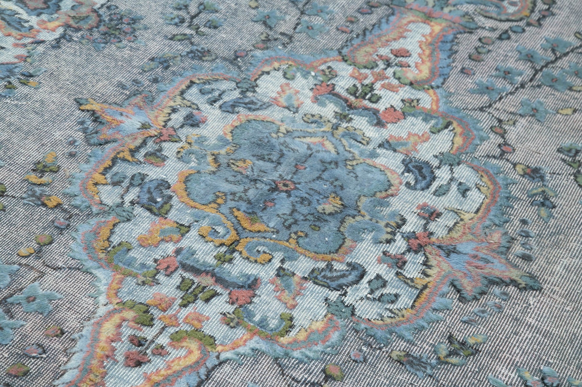 Oyma Vintage Mavi Eskitme Pamuk Yün El Dokuma Halısı 167x285 Agacan