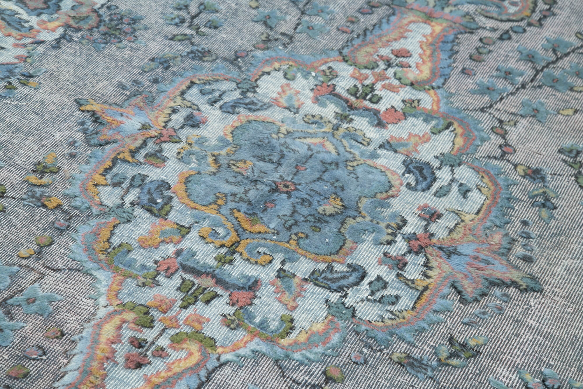 Oyma Vintage Mavi Eskitme Pamuk Yün El Dokuma Halısı 167x285 Agacan