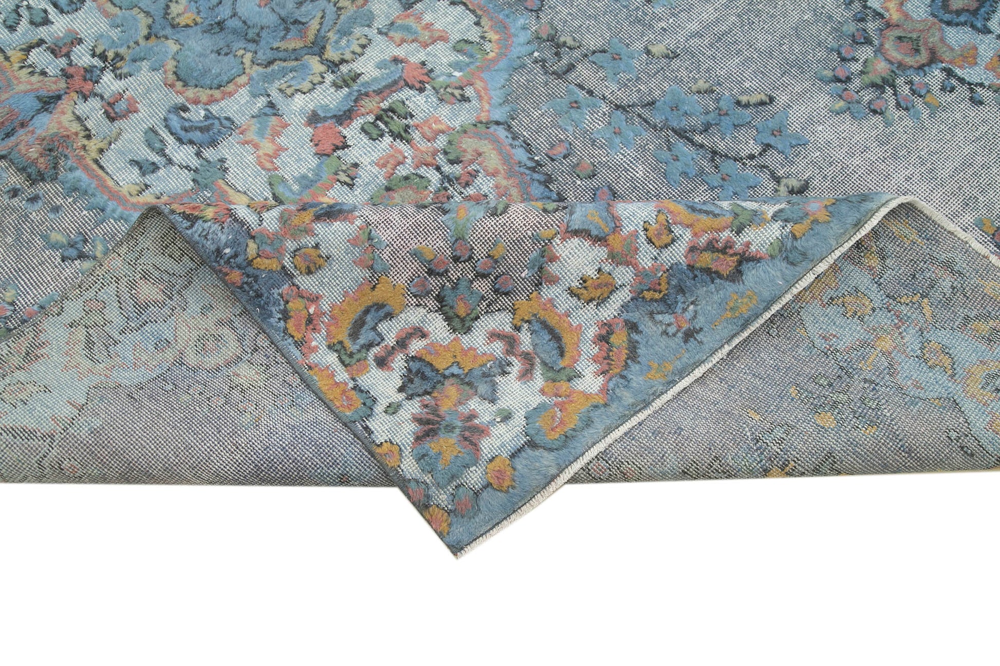 Oyma Vintage Mavi Eskitme Pamuk Yün El Dokuma Halısı 167x285 Agacan