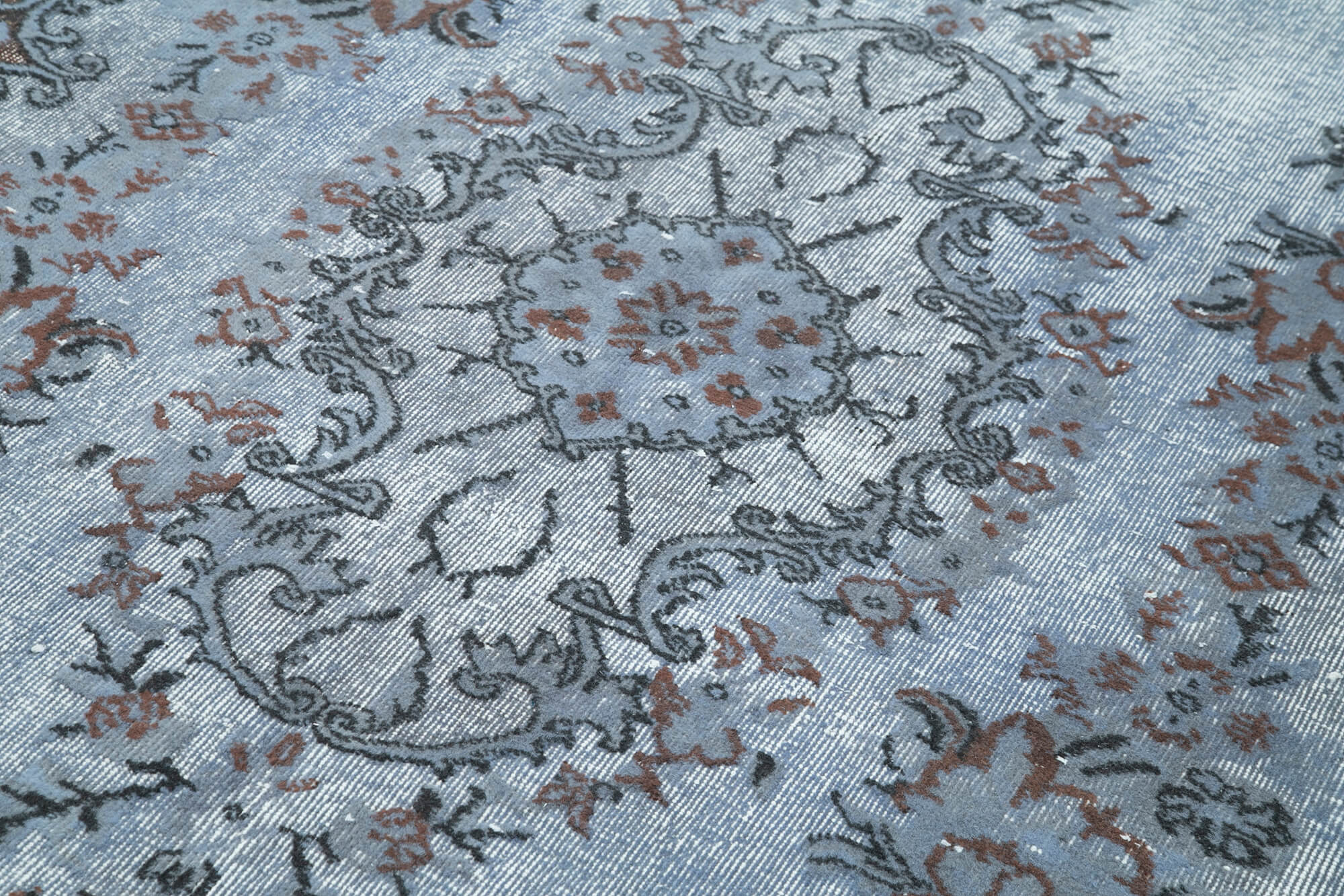 Oyma Vintage Mavi Eskitme Pamuk Yün El Dokuma Halısı 164x282 Agacan