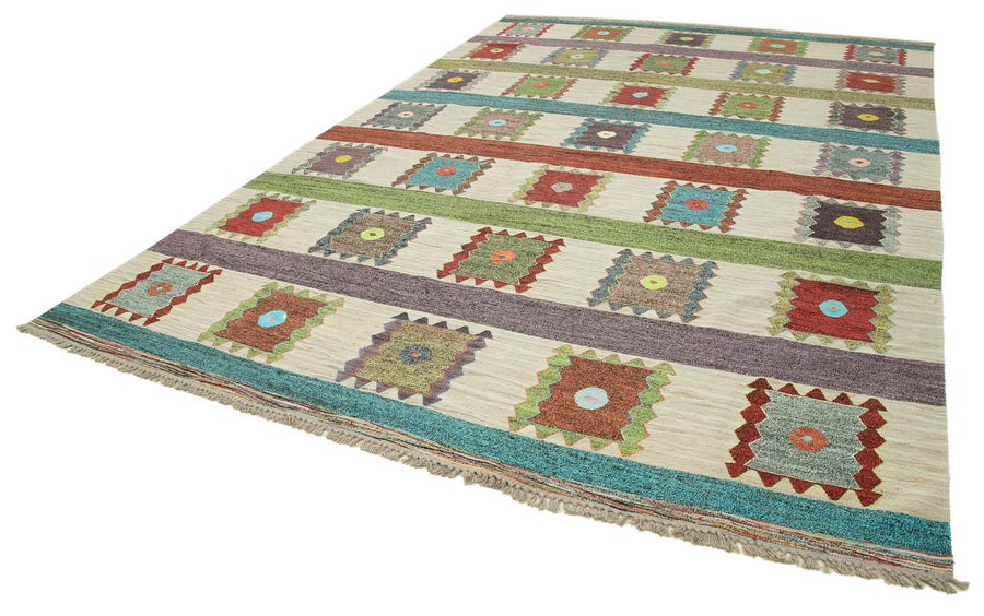 Scrap Beyaz Geometrik Pamuk Yün El Dokuma Halısı 301x440 Agacan