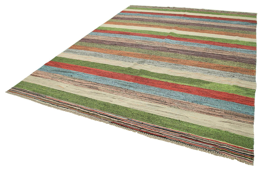 Scrap Yeşil Geometrik Pamuk Yün El Dokuma Halısı 259x331 Agacan