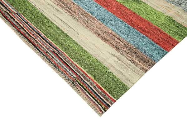 Scrap Yeşil Geometrik Pamuk Yün El Dokuma Halısı 259x331 Agacan