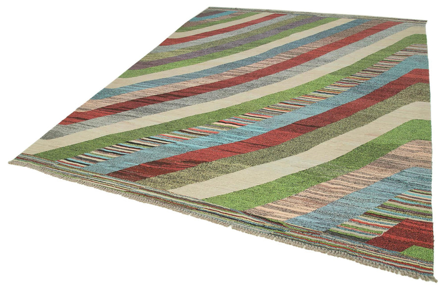 Scrap Mavi Geometrik Pamuk Yün El Dokuma Halısı 261x328 Agacan